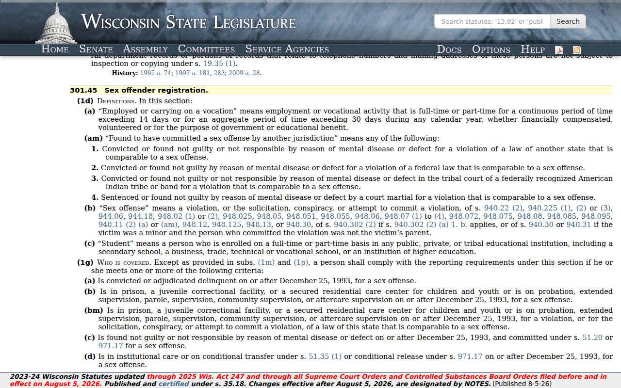 Wisconsin registration law for Lafayette County sex offender checks