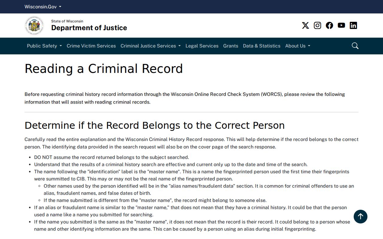 Wisconsin DOJ instructions for reading a Lafayette County criminal record
